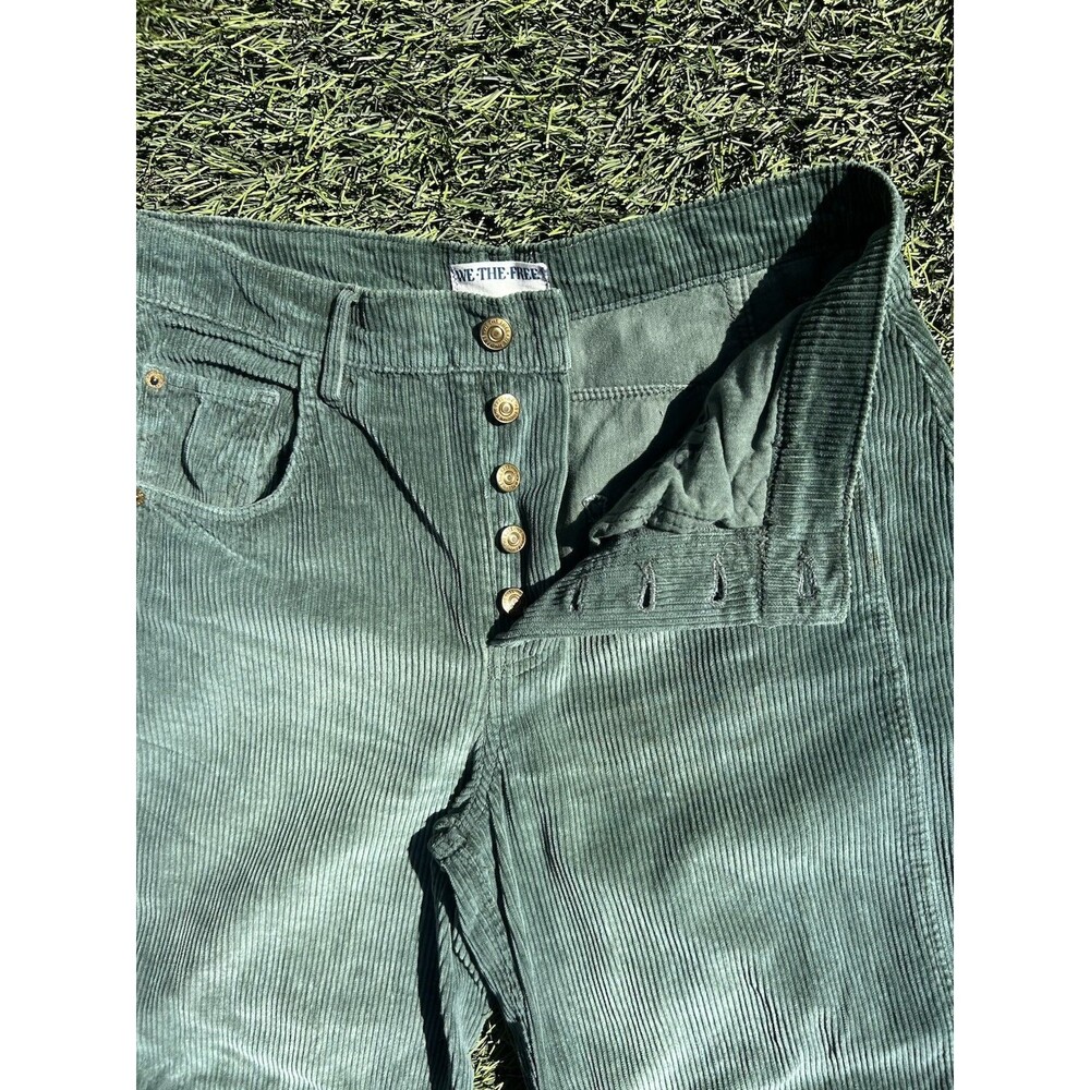 Free People We The Free Good Luck Mid Rise Corduroy Barrel Jeans Green 27 Boho - Picture 5 of 13
